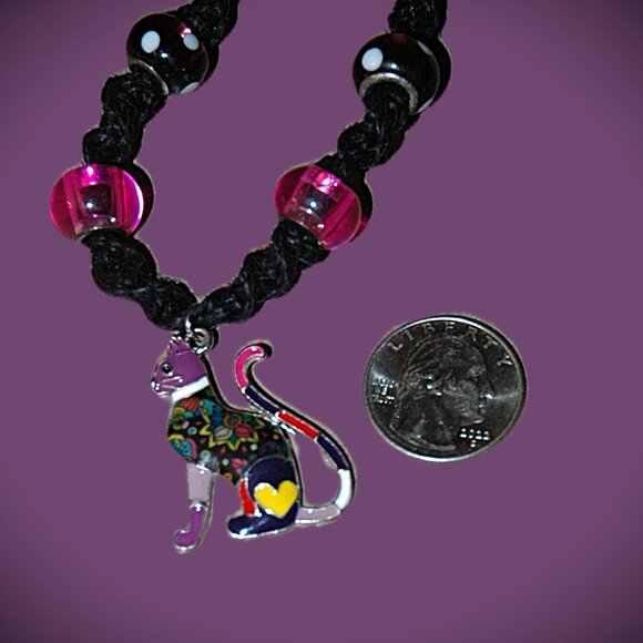 Bohemian Multi-color Kitty Cat on Handmade Black Hemp Choker 15" - Picture 3 of 4